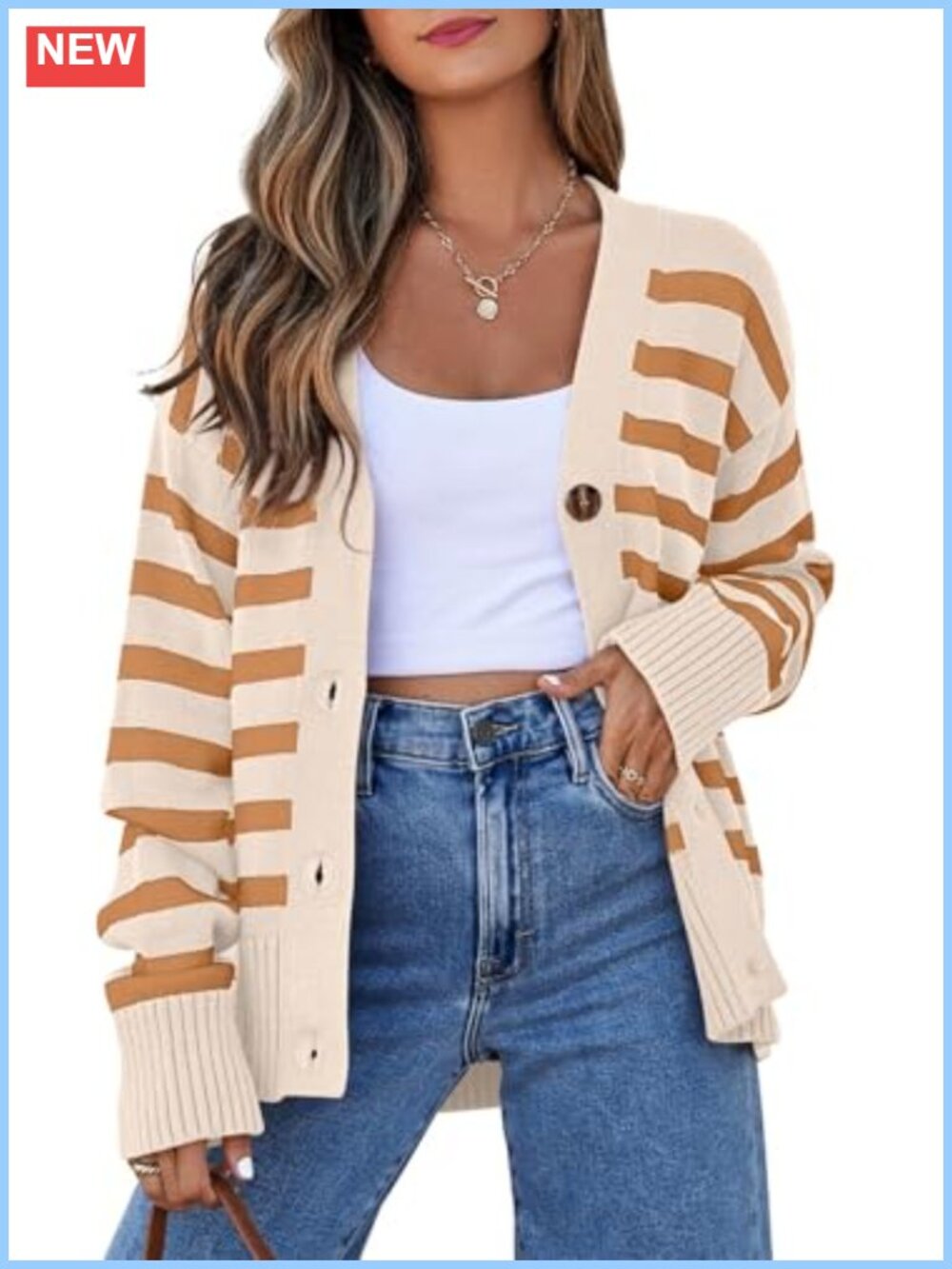Womens Striped Button Front Knit Cardigan Sweater V Neck Long Sleeve